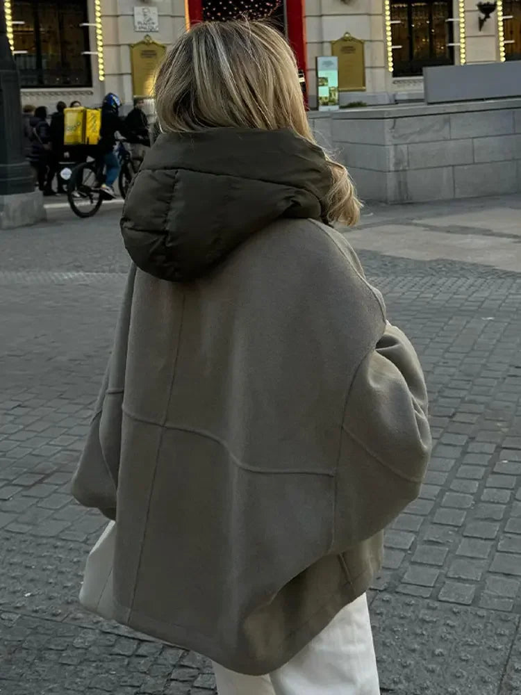 Veste à Capuche à Manches sulfpour Femme, Patchwork, Fermeture Éclair, Chaud, Décontracté, Chic, Rue, Automne, Hiver, 2024