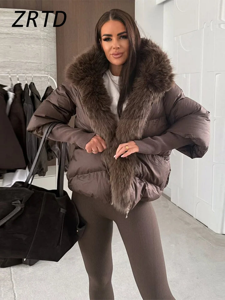 Mode femmes fausse fourrure à capuche vestes d'hiver 2025 chaud Patchwork fermeture éclair manches longues manteaux bouffant femme solide doudoune