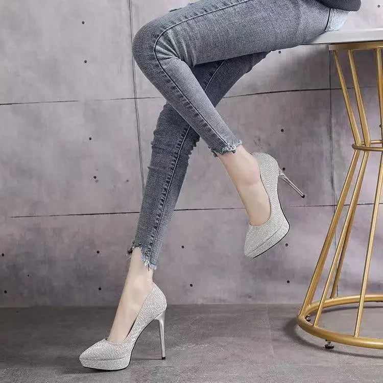 Chaussures de mariage françaises Sexy, bout pointu, talons hauts, argent, nouvelle mariée, chaussures habillées pour femmes, plateforme imperméable, grande taille