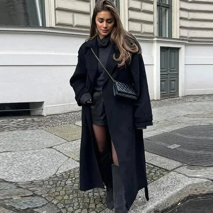Élégant gris ceinture longue Faux laine manteau femmes revers Double boutonnage rue manteaux femme 2025 automne hiver nouvelle dame Peacoat