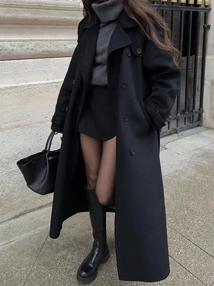 Manteau Long Noir Élégant avec Ceinture pour Femme, Pardessus Surdimensionné en Laine, Double Bouton, Revers, Nouvelle Collection Automne