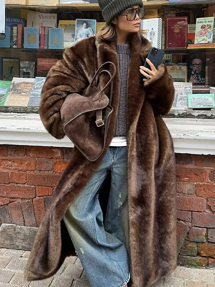 Fashion Mixed Color Lapel Collar Woman Long Coat Elegant Full Sleeve Loose Overcoat New Winter Lady High Street Faux Fur Jacket