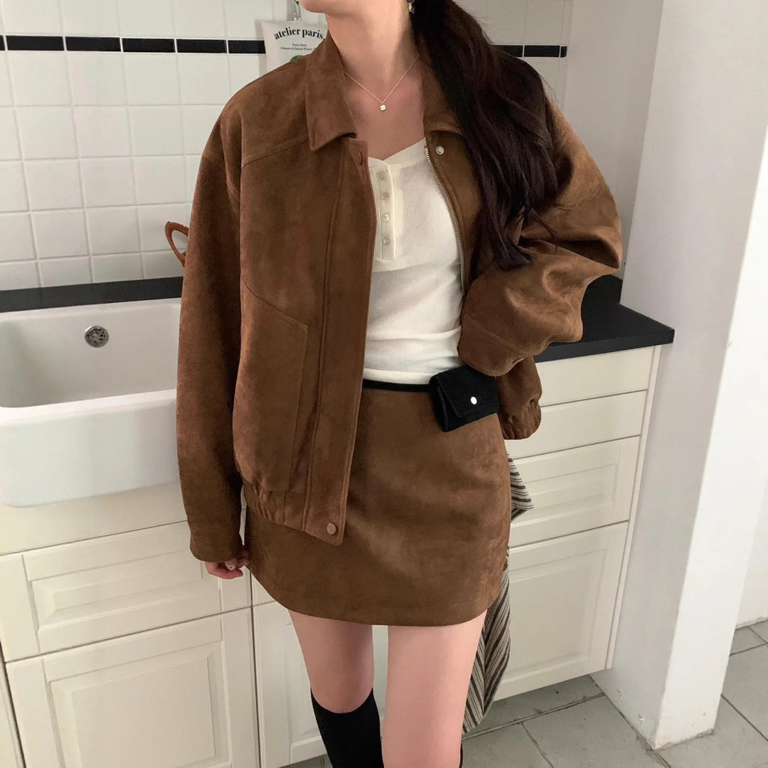 Veste en daim de Style coréen à la mode, ensemble Mini jupe trapèze à manches longues, tenue élégante d'automne pour femmes, Ensemble Chic et décontracté