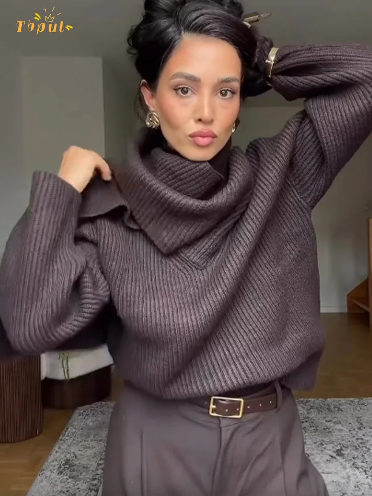 Pull tricoté à col roulé marron pour femmes, couleur unie, écharpe décontractée, col, manches longues, ample, chaud, pour les déplacements et le bureau, 2025