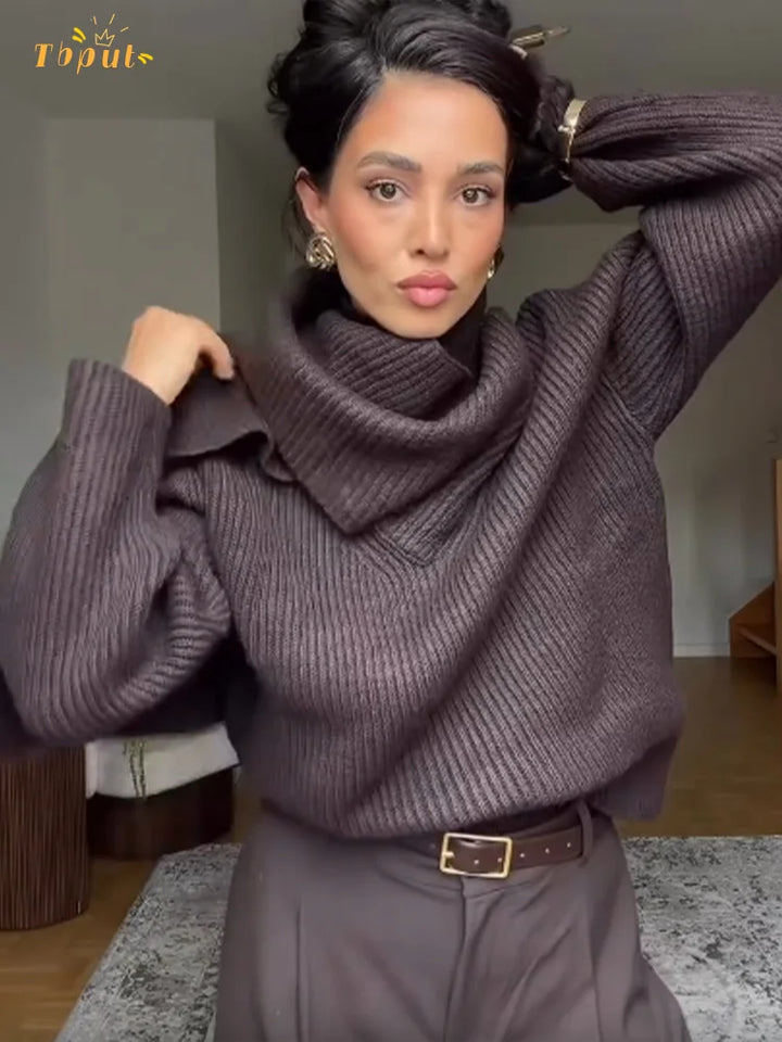 Pull tricoté à col roulé marron pour femmes, couleur unie, écharpe décontractée, col, manches longues, ample, chaud, pour les déplacements et le bureau, 2025