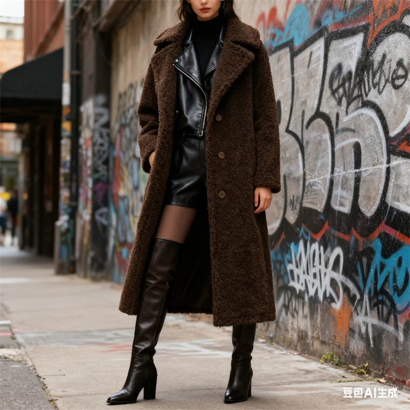 Manteau ours en peluche marron pour femme – Manteau long à revers en peau de mouton, pardessus en fausse fourrure boutonné sur le devant pour la chaleur de l'hiver