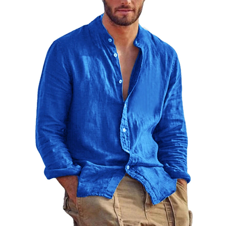 Mode Lumiére | Chemise en Lin Col Mao Homme  Élégance Décontractée