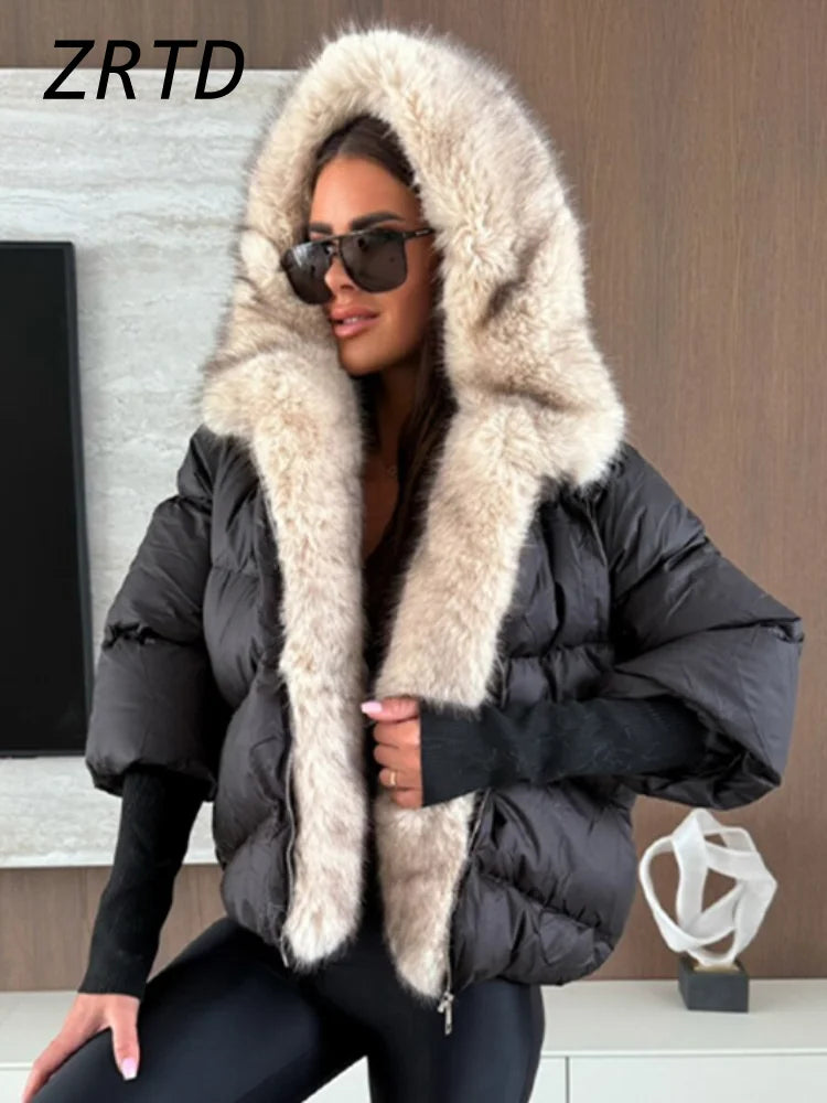 Mode femmes fausse fourrure à capuche vestes d'hiver 2025 chaud Patchwork fermeture éclair manches longues manteaux bouffant femme solide doudoune