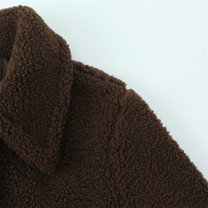 Manteau ours en peluche marron pour femme – Manteau long à revers en peau de mouton, pardessus en fausse fourrure boutonné sur le devant pour la chaleur de l'hiver
