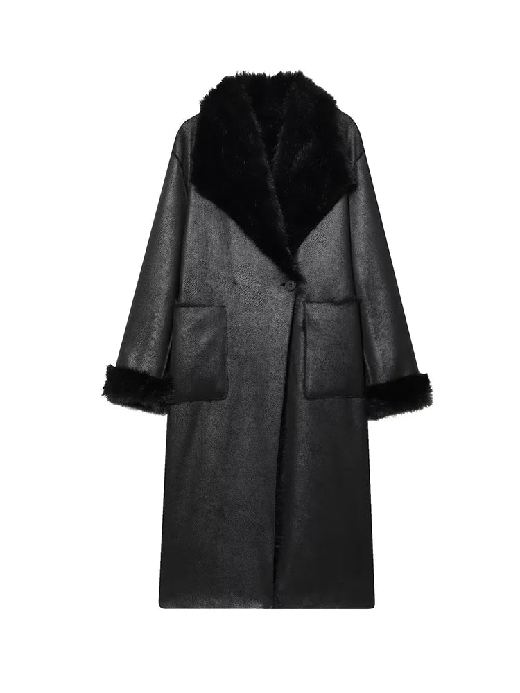Femmes rétro réversible Long manteau décontracté fausse fourrure revers simple bouton poche veste dames hiver mode rue vêtements d'extérieur chauds