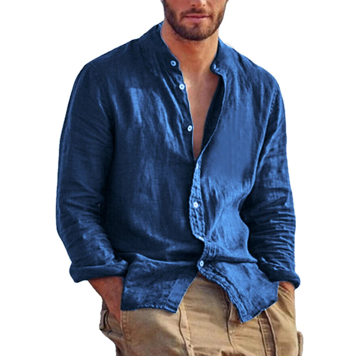 Mode Lumiére | Chemise en Lin Col Mao Homme  Élégance Décontractée