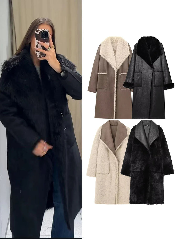 Femmes rétro réversible Long manteau décontracté fausse fourrure revers simple bouton poche veste dames hiver mode rue vêtements d'extérieur chauds