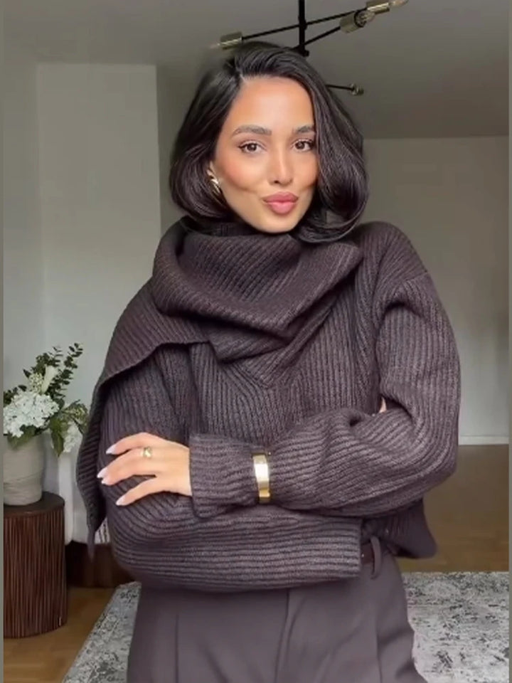Pull tricoté à col roulé marron pour femmes, couleur unie, écharpe décontractée, col, manches longues, ample, chaud, pour les déplacements et le bureau, 2025