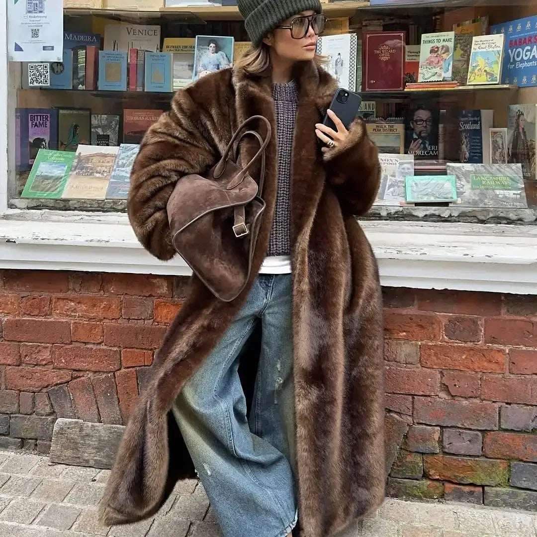 Fashion Mixed Color Lapel Collar Woman Long Coat Elegant Full Sleeve Loose Overcoat New Winter Lady High Street Faux Fur Jacket