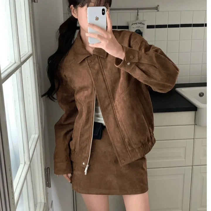 Veste en daim de Style coréen à la mode, ensemble Mini jupe trapèze à manches longues, tenue élégante d'automne pour femmes, Ensemble Chic et décontracté