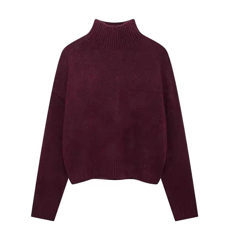 Femmes élégant doux haut tricoté femmes mode à manches longues col montant pull pull 2025 nouveau décontracté lâche tricots hauts