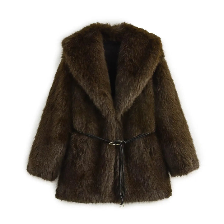 Women's Lapel Faux Fur Coat With Belt Winter Fashion Elegant Long Sleeve Thicken Warm Jackets Casual Female Street Outerwear