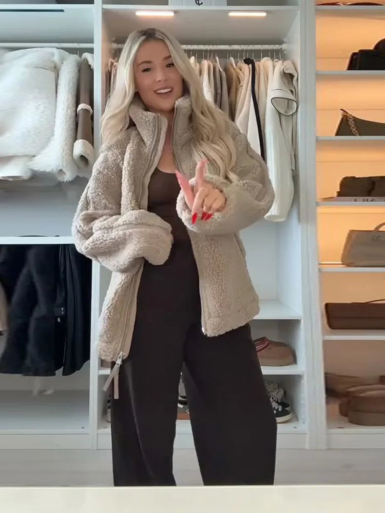 2025 automne hiver fourrure une pièce laine d'agneau femmes veste à glissière femme contraste couleur peluche manteau chaud mode dame vêtements d'extérieur