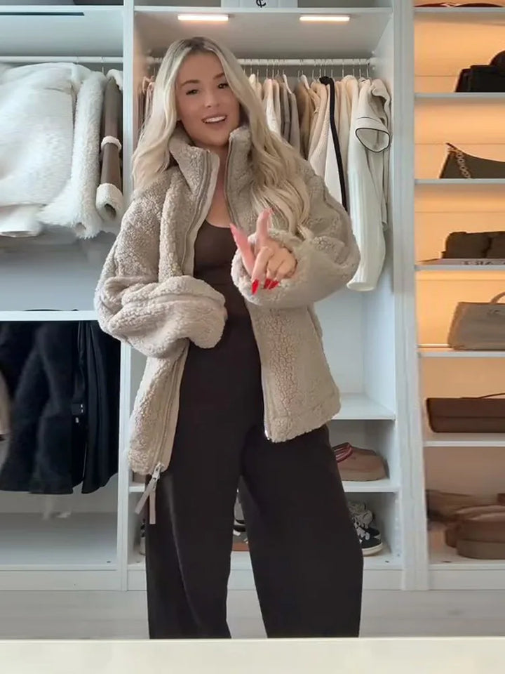 2025 automne hiver fourrure une pièce laine d'agneau femmes veste à glissière femme contraste couleur peluche manteau chaud mode dame vêtements d'extérieur