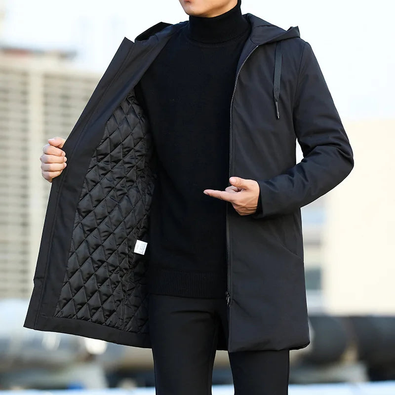 Veste d'hiver à capuche pour homme, manteau Simple, couleur unie, épais, chaud, coupe-vent, mi-long, manches longues, fermeture éclair, vêtements d'extérieur, nouvelle collection