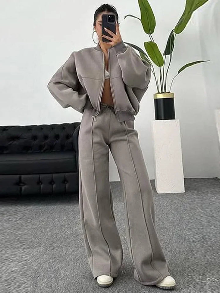 Ensemble sweat-shirt et pantalon pour femmes, décontracté, fermeture éclair, col rond, ample, à lacets, taille élastique, costumes, vêtements d'extérieur solides, printemps-automne