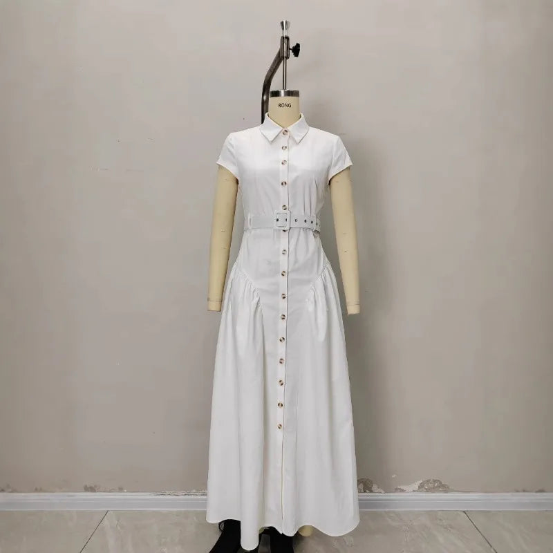 Robe longue à revers style français, simple boutonnage, pour femme, coupe ajustée, idéale pour l'été, vêtement féminin tendance pour le bureau