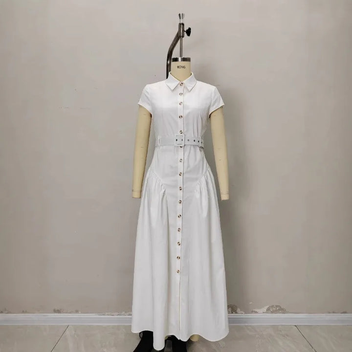 Robe longue à revers style français, simple boutonnage, pour femme, coupe ajustée, idéale pour l'été, vêtement féminin tendance pour le bureau