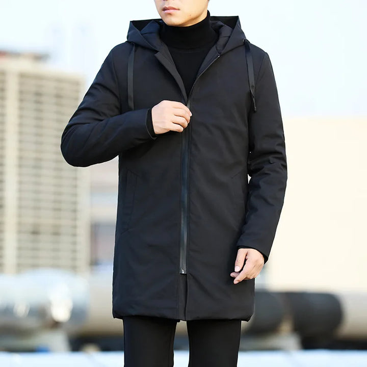 Veste d'hiver à capuche pour homme, manteau Simple, couleur unie, épais, chaud, coupe-vent, mi-long, manches longues, fermeture éclair, vêtements d'extérieur, nouvelle collection