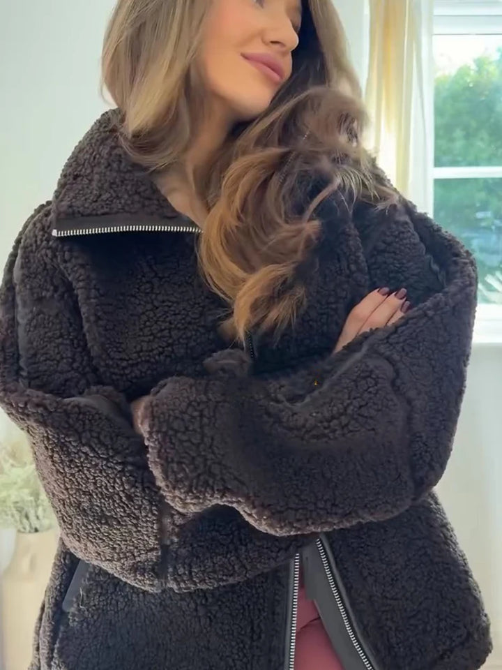 2025 automne hiver fourrure une pièce laine d'agneau femmes veste à glissière femme contraste couleur peluche manteau chaud mode dame vêtements d'extérieur