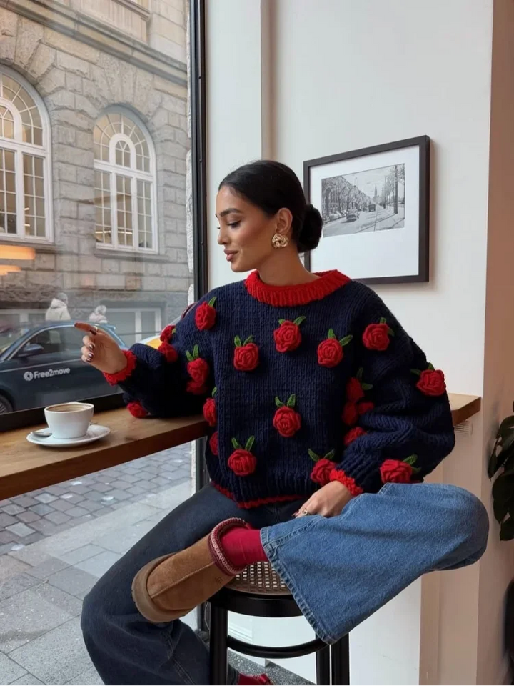 Pull Statement en Maille aux Roses Texturées Femme