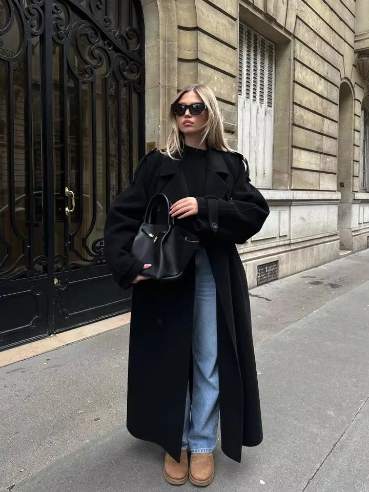 Manteau Long Noir Élégant avec Ceinture pour Femme, Pardessus Surdimensionné en Laine, Double Bouton, Revers, Nouvelle Collection Automne