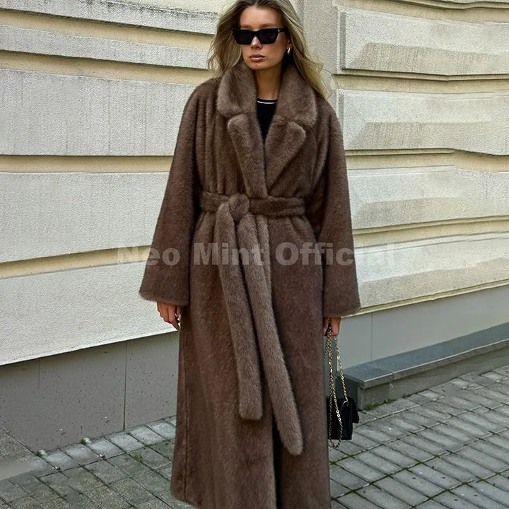 Neo Mint ceinturé fausse fourrure de vison manteau femmes 2025 hiver Beige dégradé fourrure veste de luxe marque à capuche chaud manteau d'extérieur
