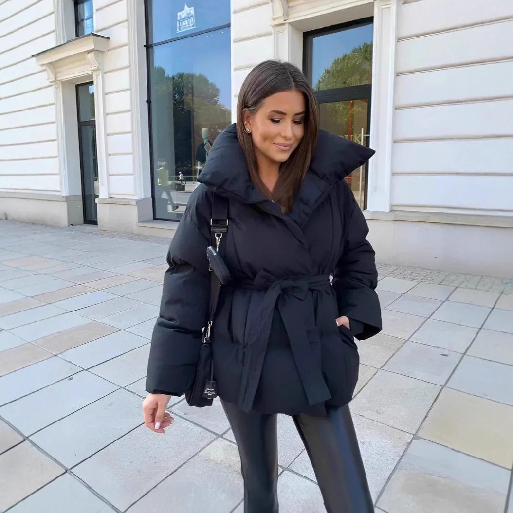 Vestes en coton à la mode pour femmes, manteaux élégants à col montant et manches longues à lacets, vêtements d'extérieur chauds et chics pour dames, nouvelle collection hiver 2026