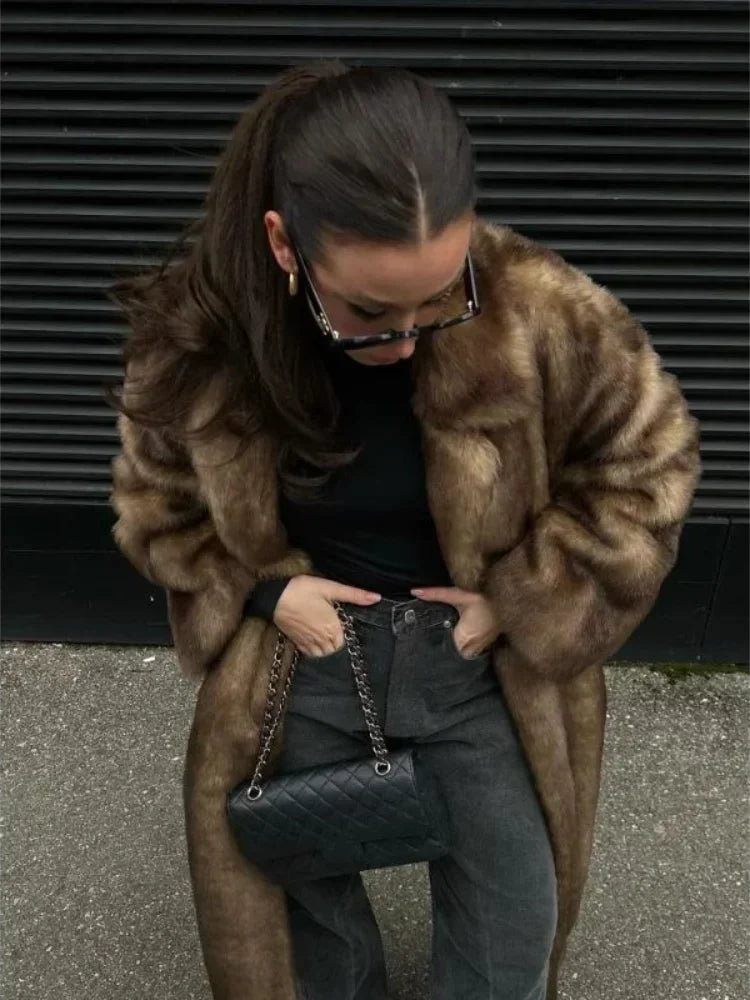 Fashion Mixed Color Lapel Collar Woman Long Coat Elegant Full Sleeve Loose Overcoat New Winter Lady High Street Faux Fur Jacket