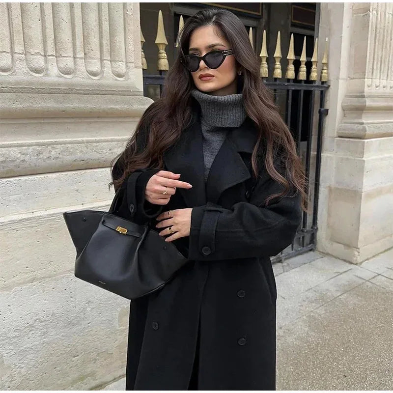 Élégant gris ceinture longue Faux laine manteau femmes revers Double boutonnage rue manteaux femme 2025 automne hiver nouvelle dame Peacoat