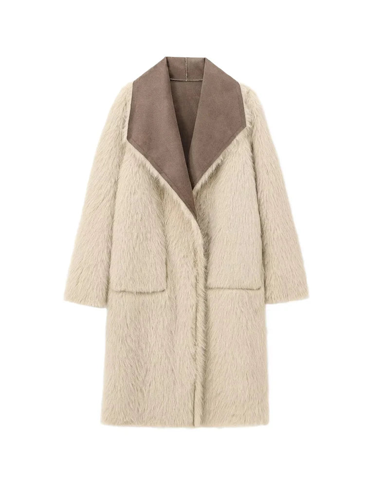 Femmes rétro réversible Long manteau décontracté fausse fourrure revers simple bouton poche veste dames hiver mode rue vêtements d'extérieur chauds