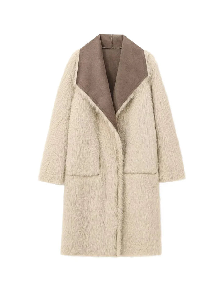Femmes rétro réversible Long manteau décontracté fausse fourrure revers simple bouton poche veste dames hiver mode rue vêtements d'extérieur chauds