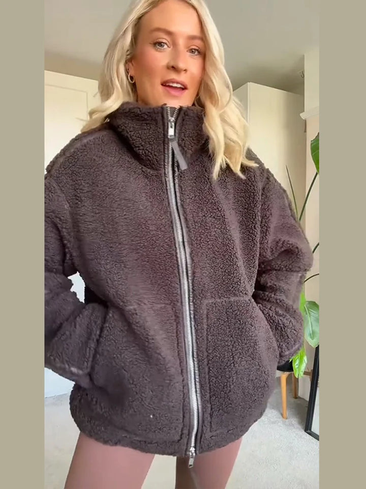 2025 automne hiver fourrure une pièce laine d'agneau femmes veste à glissière femme contraste couleur peluche manteau chaud mode dame vêtements d'extérieur