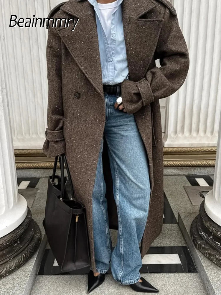 Trench-Coat Long en laine à revers pour femmes, manches longues, simple boutonnage, pardessus ample, vêtements d'extérieur pour les déplacements au bureau, automne 2025