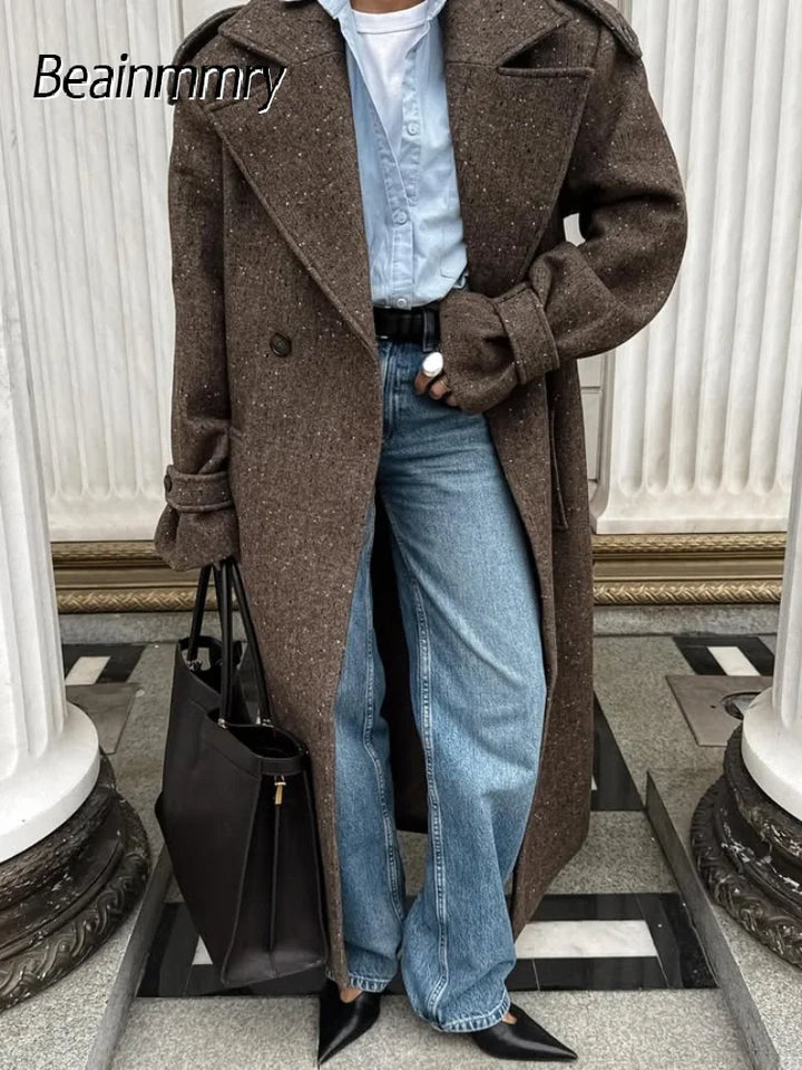 Trench-Coat Long en laine à revers pour femmes, manches longues, simple boutonnage, pardessus ample, vêtements d'extérieur pour les déplacements au bureau, automne 2025