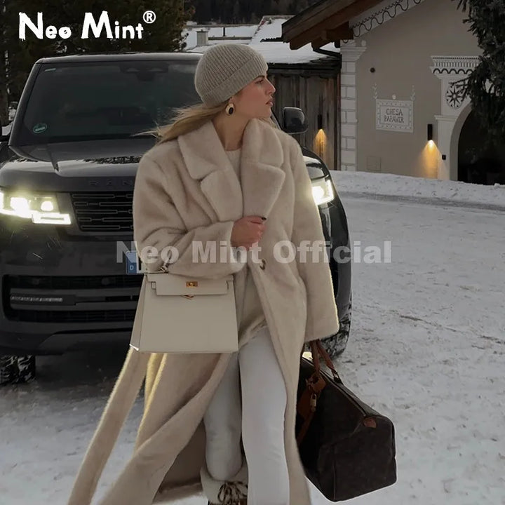 Neo Mint ceinturé fausse fourrure de vison manteau femmes 2025 hiver Beige dégradé fourrure veste de luxe marque à capuche chaud manteau d'extérieur
