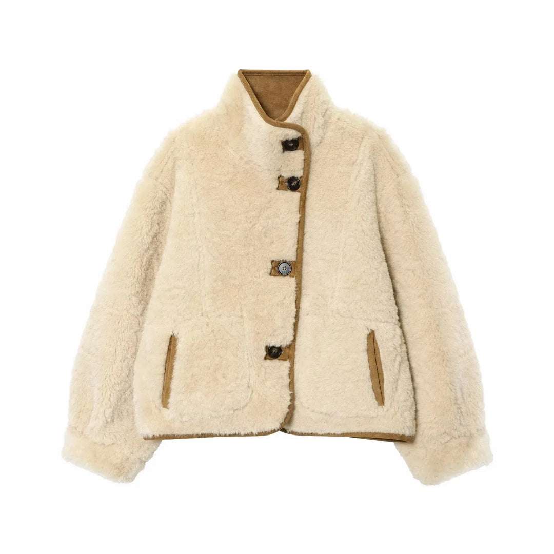 Femmes 2025 Double face porter agneau velours manteau femmes mode col montant simple boutonnage poche courte veste dame vêtements d'extérieur