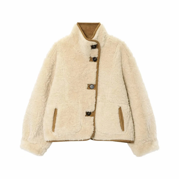 Femmes 2025 Double face porter agneau velours manteau femmes mode col montant simple boutonnage poche courte veste dame vêtements d'extérieur