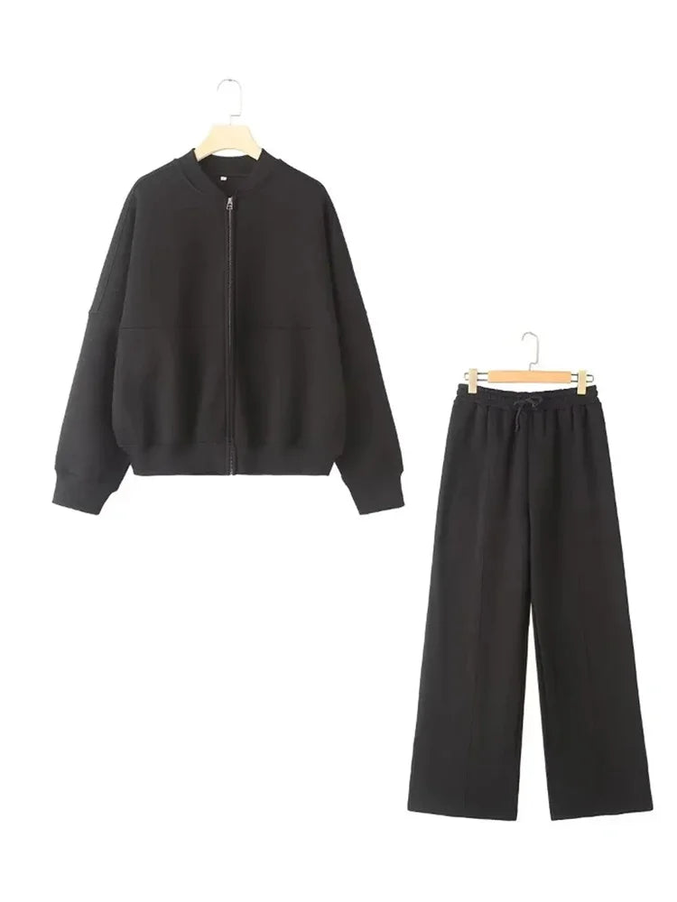 Ensemble sweat-shirt et pantalon pour femmes, décontracté, fermeture éclair, col rond, ample, à lacets, taille élastique, costumes, vêtements d'extérieur solides, printemps-automne