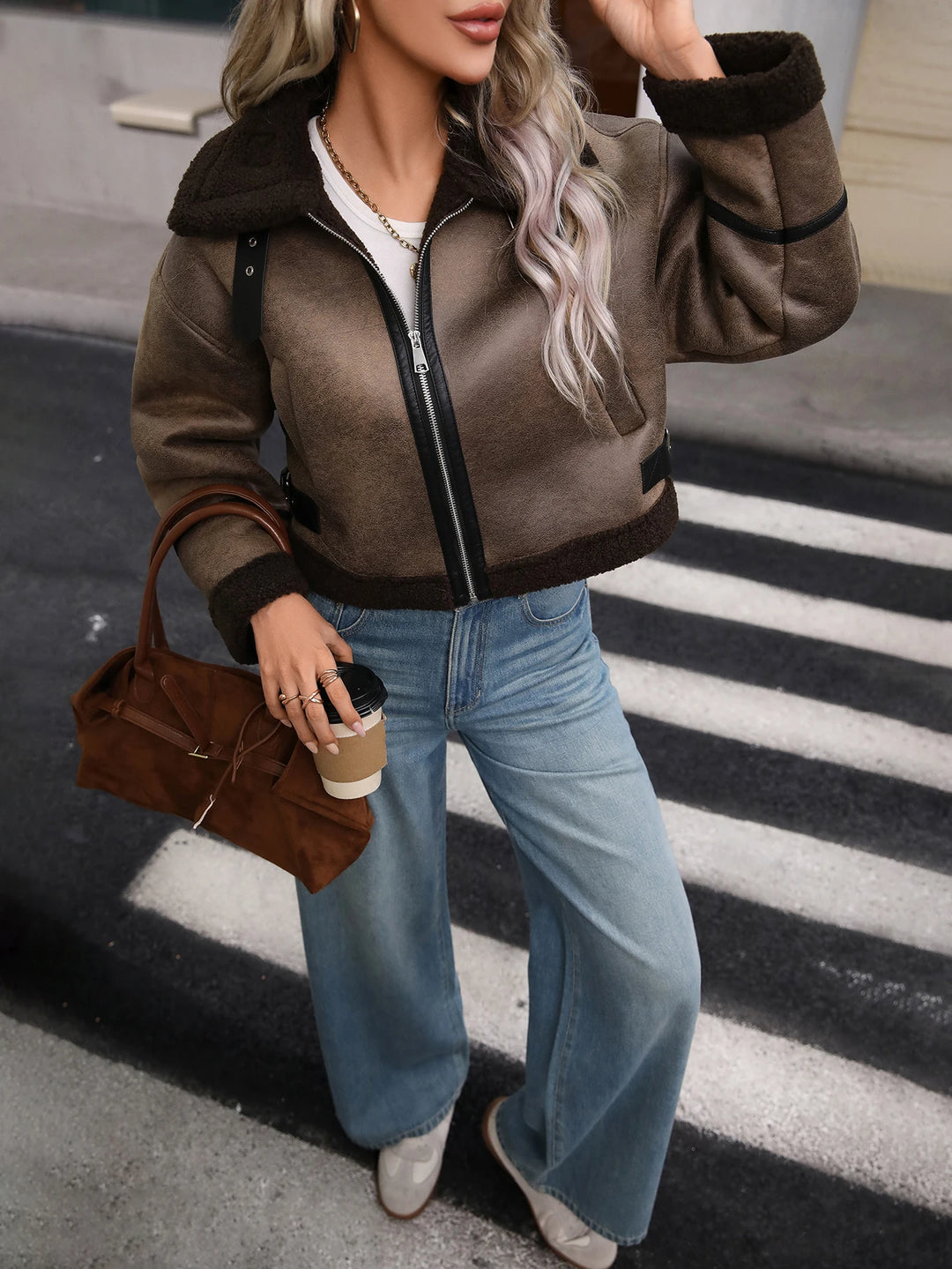 Veste de moteur Sherpa en simili cuir pour femme, manteau court d'aviateur bombardier