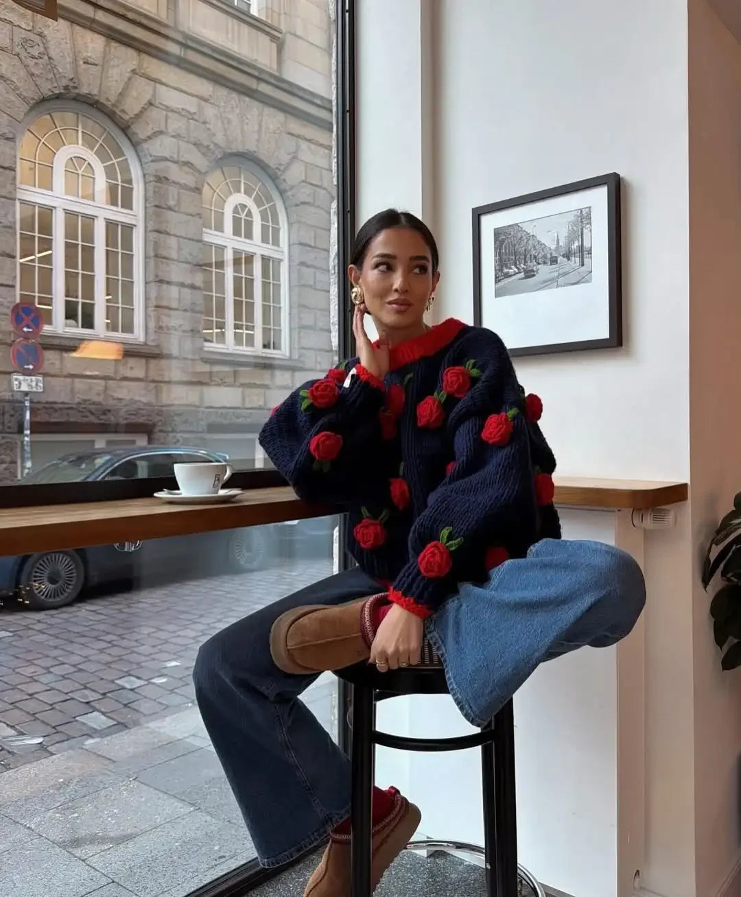 Pull Statement en Maille aux Roses Texturées Femme