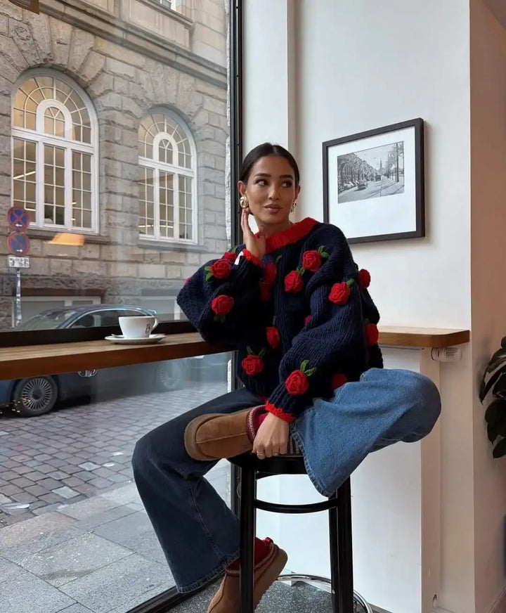 Pull Statement en Maille aux Roses Texturées Femme