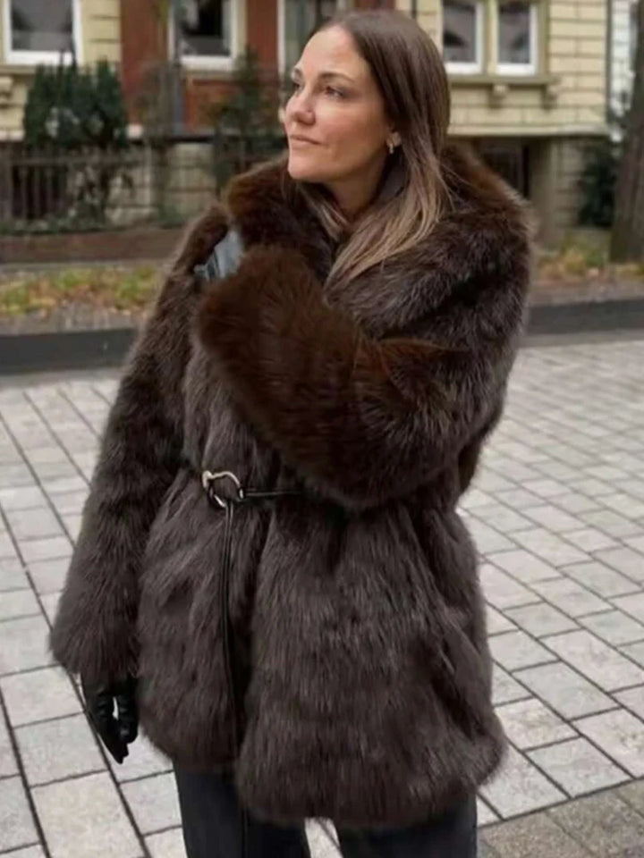 Women's Lapel Faux Fur Coat With Belt Winter Fashion Elegant Long Sleeve Thicken Warm Jackets Casual Female Street Outerwear