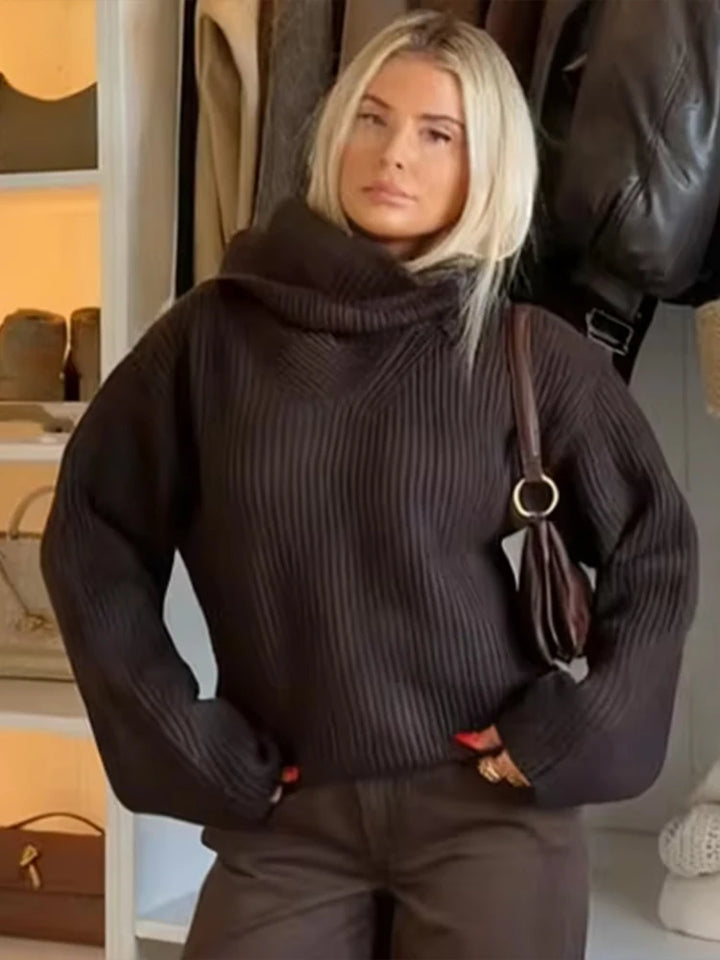 Pull tricoté à col roulé marron pour femmes, couleur unie, écharpe décontractée, col, manches longues, ample, chaud, pour les déplacements et le bureau, 2025