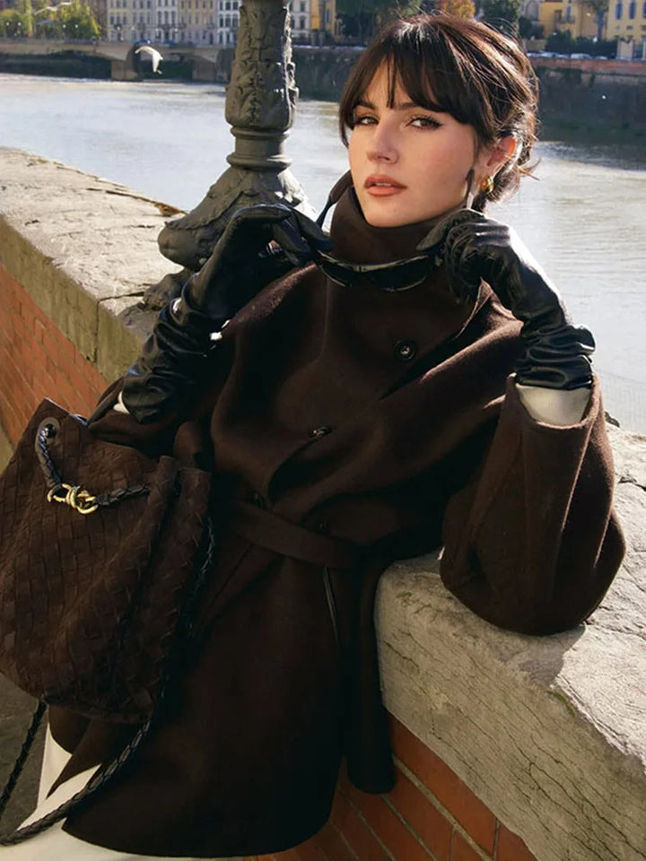 Manteau en laine à col montant pour femmes, couleur unie, manches longues, simple boutonnage, veste à lacets, vêtements d'extérieur quotidiens, nouvelle collection printemps automne 2026
